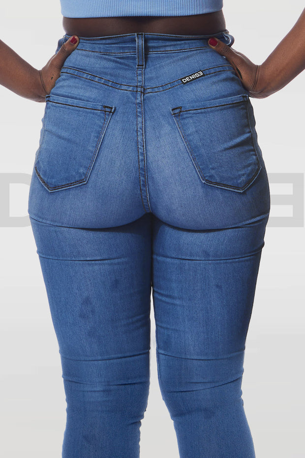 Super Curvy Button Jeans Taille Haute - Bleu Medium