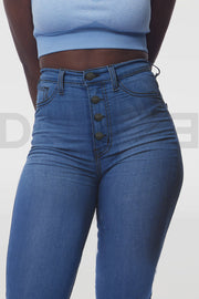 Super Curvy Button Jeans Taille Haute - Bleu Medium