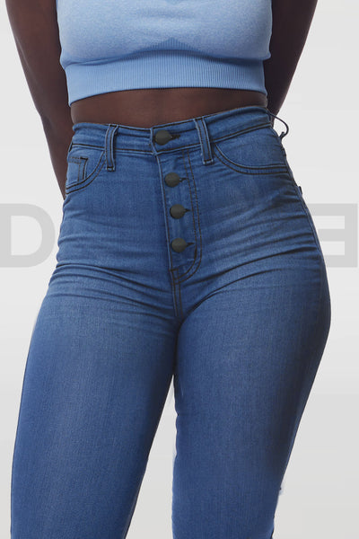 Super Curvy Button Jeans Taille Haute - Bleu Medium