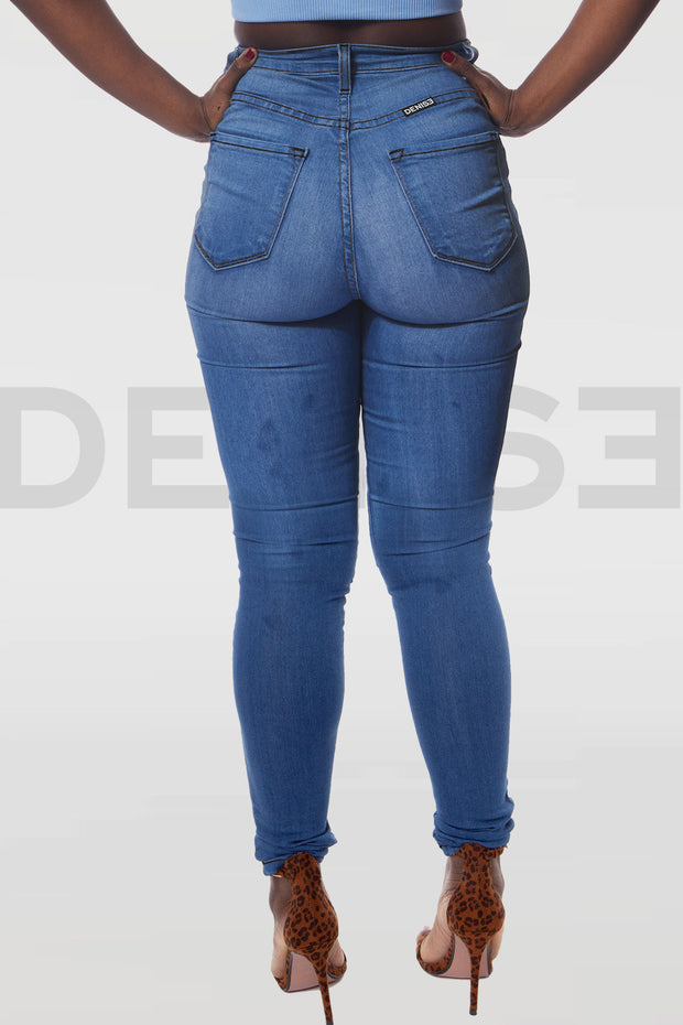 Super Curvy Button Jeans Taille Haute - Bleu Medium