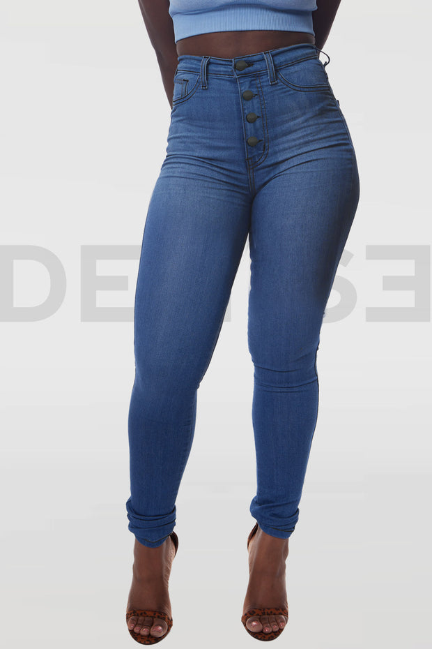 Super Curvy Button Jeans Taille Haute - Bleu Medium