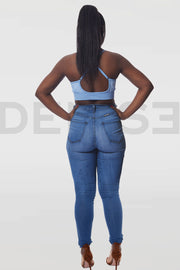 Super Curvy Button Jeans Taille Haute - Bleu Medium