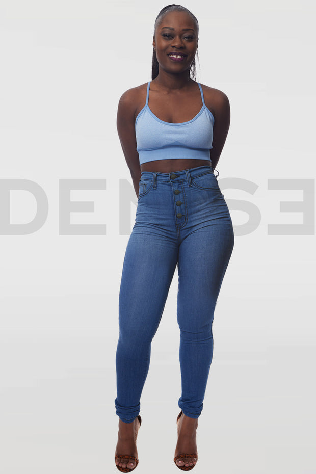 Super Curvy Button Jeans Taille Haute - Bleu Medium