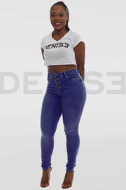 Super Curvy Button Jeans Taille Haute - Royal Blue