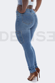 Stretchy Cargo Jeans Taille Haute - Bleu Medium