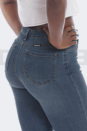 Super Curvy Button Jeans Taille Haute - Gris Bleu
