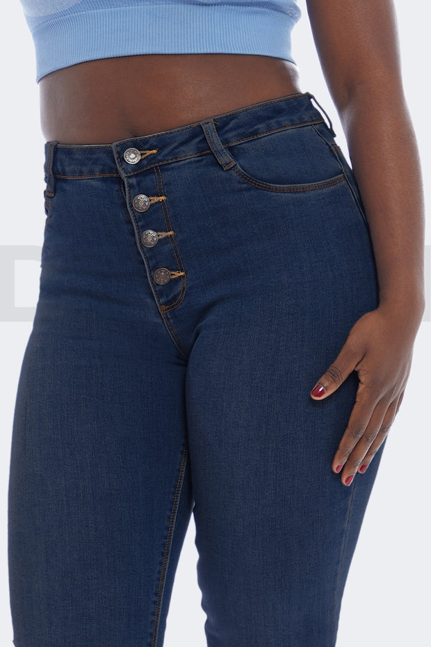 Super Curvy Button Jeans Taille Haute - Indigo