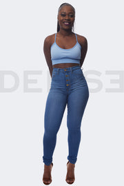 Super Curvy Button Jeans Taille Haute - Bleu Medium